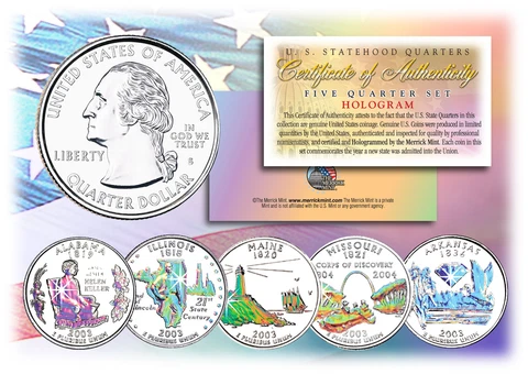 2003 US Statehood Quarters HOLOGRAM *** 5-Coin Complete Set *** w/Capsules & COA Cover