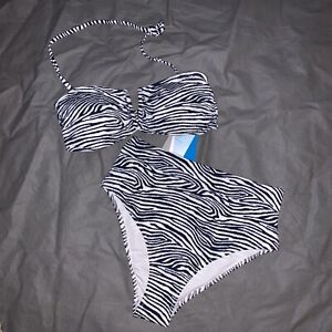H&M Bikini Top Bottom Woman's 8 Set Navy Blue Zebra Print Summer Swim Suit NWT