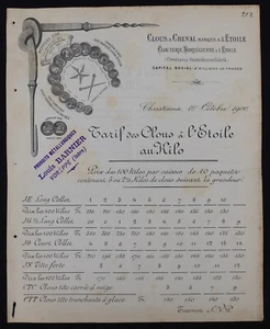 Facture tarif 1900 Clous à cheval A L'ETOILE Norvège Christiana BARNIER Isère 2 - Afbeelding 1 van 2