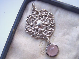 VINTAGE ORNATE OPENWORK SOLID STERLING SILVER ROSE QUARTZ LAVALIERE PENDANT - Picture 1 of 5
