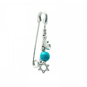 Sterling Silver Pin Pendant w/ Star of David, Heart & Turquoise Bead - Picture 1 of 2