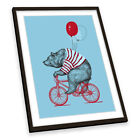 Bear Bicycle Balloons Blue FRAMED ART PRINT Picture Portrait Artwork