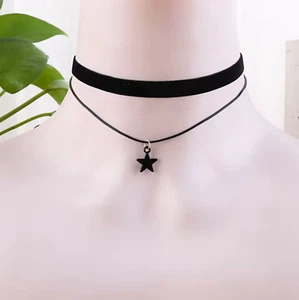 Black Choker Necklace Chain Soft Velvet Double Layer Star Vintage Boho Gothic UK - Picture 1 of 2