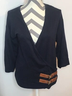 Michael Kors 女式套衫皮革扣海军蓝前开襟毛衣 S 码 — 第 1/4 张图片