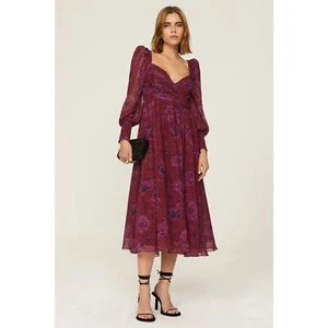 Abito midi Badgley Mischka viola floreale chiffon vacanza schiena aperta taglia 4 - Foto 1 di 14