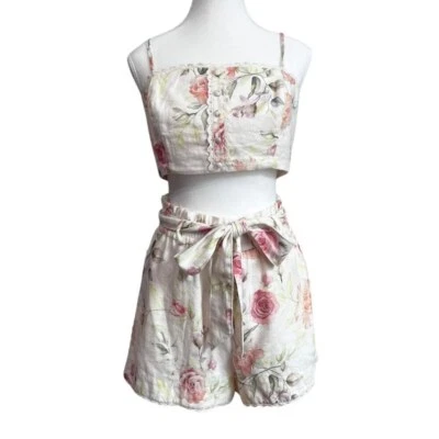 NUEVO CON ETIQUETAS CAROLINE CONSTAS FLORAL MEZCLA LINO CROP TOP HOLGADO PANTALONES CORTOS CONJUNTO COORD - S Foto 1 de 4