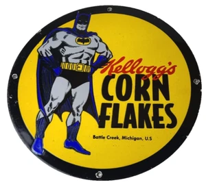 Vintage Kelloggs Sign - Corn Flakes Porcelain Batman Cereal Breakfast Gas Sign - Picture 1 of 14