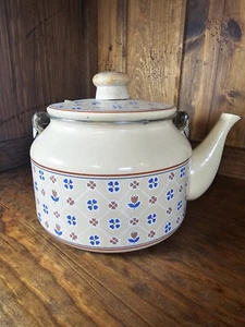 VTG Enamelware Teapot Country Garden Gailstyn-Sutton Floral Planter Kettle 80s - Picture 1 of 16