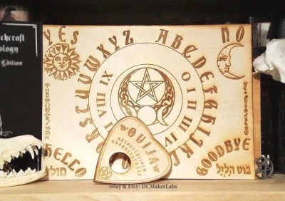 DC MAKER LABS Wooden Ouija Board & Planchette w/ Wiccan Symbols Engraved On Wood