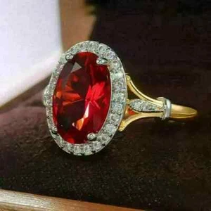 2Ct Oval Lab-Created Red Ruby Halo Wedding Ring 14K Yellow Gold Plated Silver - Picture 1 of 6