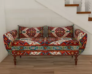 Red Oriental Printed Rug Upholstered Ottoman Bench with storage Entryway Bench - Picture 1 of 9