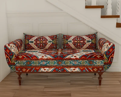 Red Oriental Printed Rug Upholstered Ottoman Bench with storage Entryway Bench - Image 1 of 4
