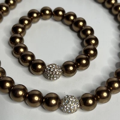 Chunky Faux Gold Tone Pearls & Rhinestones Beaded Necklace w/Matching Bracelet - Image 1 of 4
