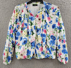 T Tahari Pleated Floral Blouse Women's M Water Garden Round Neck Long Sleeve