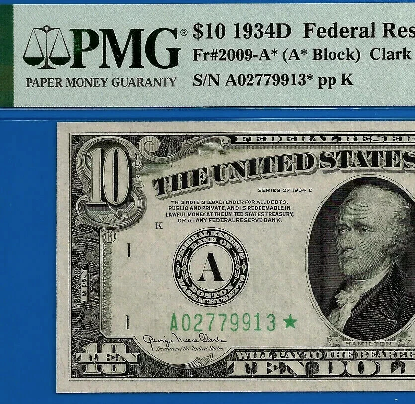 1934D $10 Federal Reserve Note - PMG 55EPQ - Top Pop 1/0 Boston Star Fr 2009-A* - Image 1 of 4