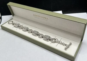 JUDITH RIPKA Sterling Silver CZ Square Link Toggle Bracelet 7.5” ~ JB - Picture 1 of 10
