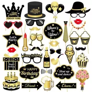 Happy Birthday Photo Booth Props Funny Party Supplies Decoration 34pc Gold Black - Picture 1 of 5