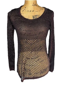 Rock And Republic Shirt Womens Size Small Red Black Mesh Long Sleeve Glitter - Picture 1 of 14