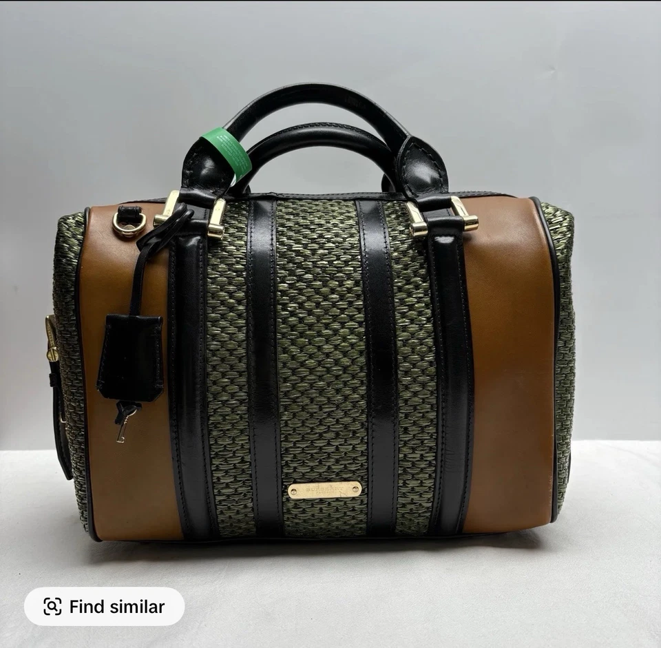 Bolso Burberry Prorsum Rafia Boston Bolso Verde Negro Tostado Cuero Cartera 100% Auténtico Foto 1 de 4