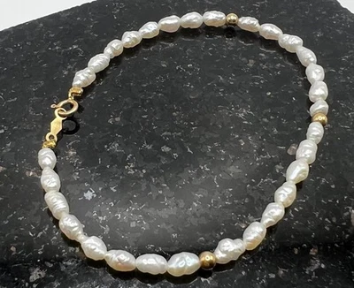 Delicada pulsera de oro amarillo de 14k barroca de agua dulce de 4 mm de perlas de 6,5" Foto 1 de 4