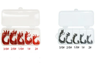Ganchos de pesca de plantilla única de 50/caja ganchos de gusano desplazados de espacio ancho anzuelo de lubina 2-3/0# Foto 1 de 4