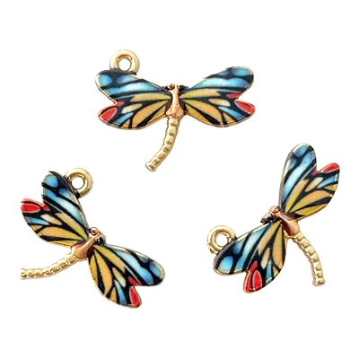 10 Gold Colorful Enamel Dragonfly Dragonflies 22mm Bead Drops Charms Pendants - Image 1 of 2