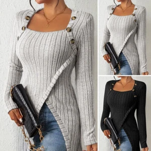 Womens Long Sleeve Square Neck Tops Slim Slit Hem Shirt Knitted Blouse - Picture 1 of 24