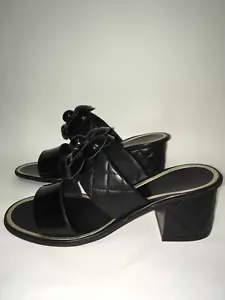 CHANEL MULES FLOWER BLACK LEATHER EU 37 - Picture 1 of 7