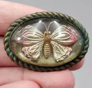 Vintage Glass Butterfly Brooch Pin Brass Glass Reverse Painted Goofus Estate - Picture 1 of 6