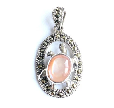 Rose Cream MOTHER OF PEARL STONE TURTLE PENDANT Marcasite 925 STERLING SILVER - Image 1 of 4