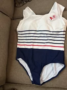 Women’s Swimsuit Size 12 cap sleeve 1 Pc Lands End Red/white/blue Stripe - Picture 1 of 21