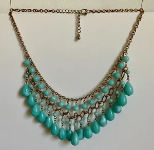 Teal Teardrop Bead Cluster Bib Style Necklace Large Link Chain 18” Adjustable - Picture 1 of 7