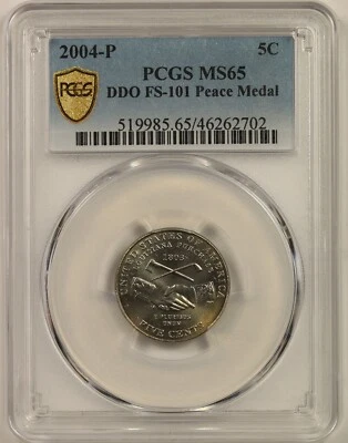 2004-P 5C PCGS Gold Shield MS 65 Jefferson Nickel DDO FS-101 Peace Medal  - Image 1 of 4