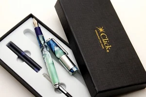 Click Retro Marble Green & Blue Acrylic Fountain Pen Chrome Trims New In Box - Picture 1 of 4