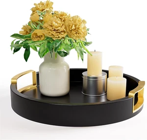 Round Decorative Tray - 12" round Black Tray with Gold Metal Handles - Stain Res - Picture 1 of 12