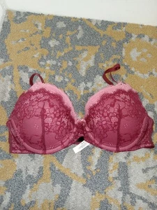 Adore Me Push Up Padded Bra Underwire Balconette Pink Under Red Lace Sz 38D - Picture 1 of 9