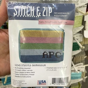 Needlepoint Stitch & Zip #245 Monogram stripe pattern CoinPurse/Card Case - Picture 1 of 2