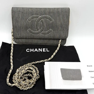Chanel Beige Caviar Cuero Rayas Algodón Atemporal Cartera con Cadena Bolso WOC Foto 1 de 4
