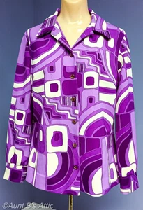 Vintage 70's Ladies Pykettes Wild Purple/White Mod Abstract Patterned Blouse Lg - Picture 1 of 8