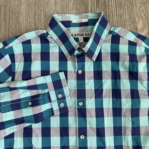 Express Slim Fit Dress Shirt Multi Blue Gingham Check Men Medium NWT read - Picture 1 of 11