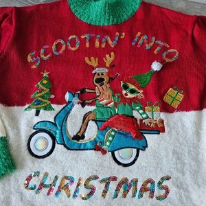 Scootin Into Christmas Ugly Sweater Holiday Size M Sequin Moped Reindeer Granny - Picture 1 of 18
