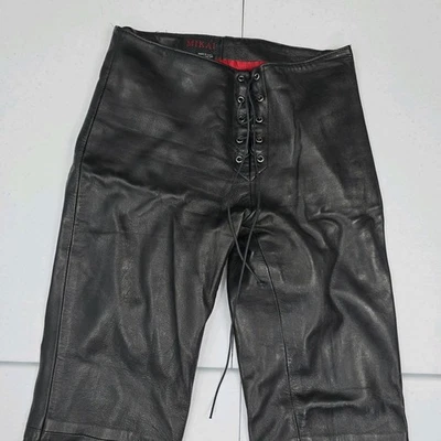 复古 90 年代女式 6 Mikai 正品羊皮裤 26"x29" 摩托车领带闭合 — 第 1/4 张图片