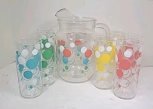 Vintage Federal Glas Klar Krug 7 Gläser Pastell Polka Dots - Bild 1 von 11