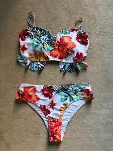 Unbranded White Tropical Print Two Piece Bathing Suit Size Large - Picture 1 of 5