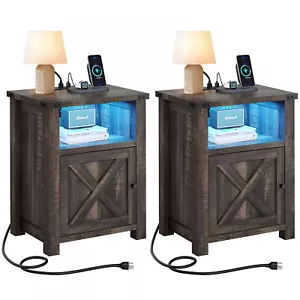 Set Of 2 Nightstand Rustic Bedside Tables End Tables with Farmhouse Barn Door - Picture 1 of 9