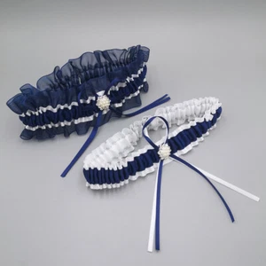Marineblau und weiß Strumpfbänder für Braut Abschlussball Bein Strumpfband Hochzeit Strumpfgürtel Set - Bild 1 von 5