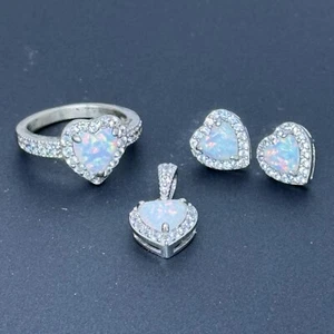 PAJ 925 Heart Shaped Lab Opal White Sapphire Pendant Earring Ring Set Sz 4 Zales - Picture 1 of 4