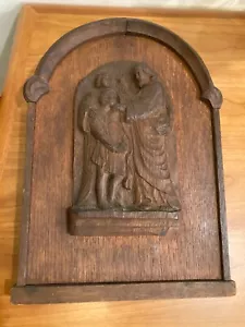 Antico pannello placca da parete in legno religioso intagliato rilievo Gesù benedice il bambino - Foto 1 di 10