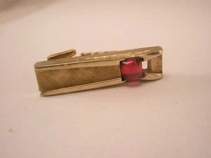 1" Gold Tone & Red Rhinestone Quality Vintage TINY SMALL Tie Bar Clip - Picture 1 of 3