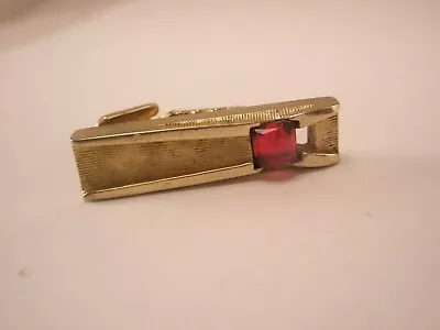 1" Gold Tone & Red Rhinestone Quality Vintage TINY SMALL Tie Bar Clip - Image 1 of 3